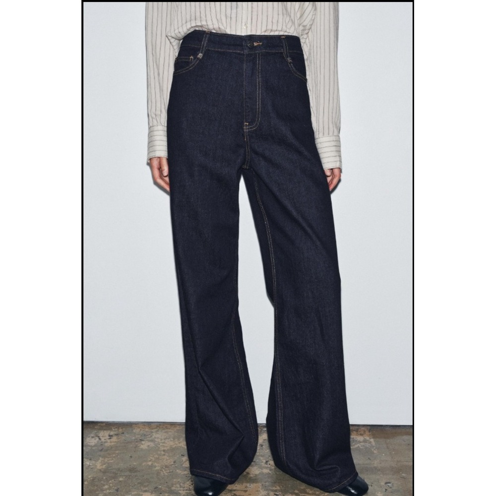 Zara ZW Collection High Waist Wide Leg Jeans Dark Indigo Size 8 NWT